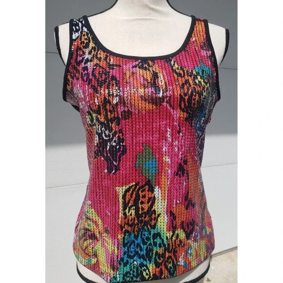 Peter Nygard Women's Sz Small Tank Top Floral Sequin Bold Neon Pink Stretch - Picture 1 of 9